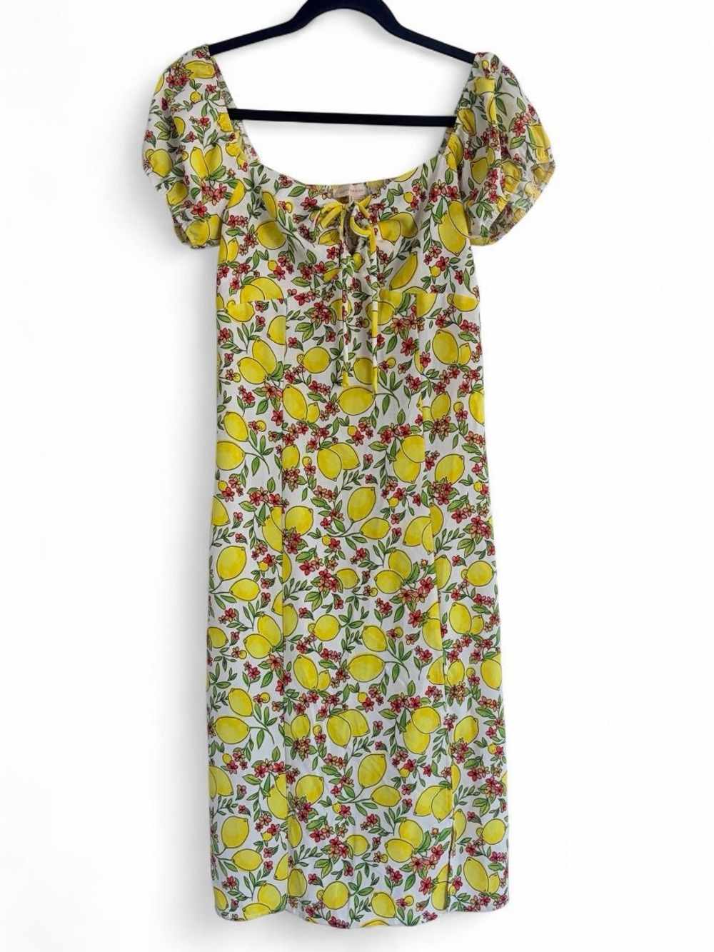 Monteau Los Angeles Lemon Print Milkmaid Midi Dress Puff Sleeve Smocked Back XS